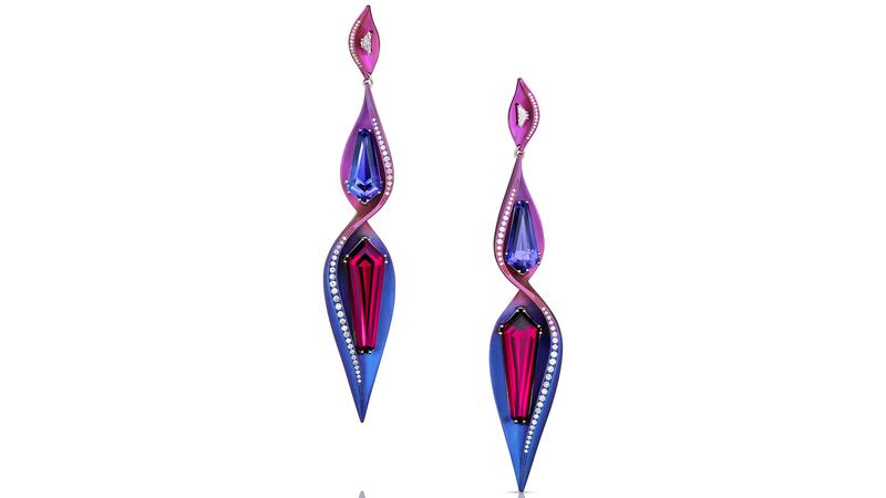 The “Zenzero” earrings with an ombré of red and blue titanium and 14-karat white gold set with 9.99 carats of tanzanite and 18.36 carats of garnet accented by diamonds Adam Neeley Dalí’s Garden Zenzero Earrings